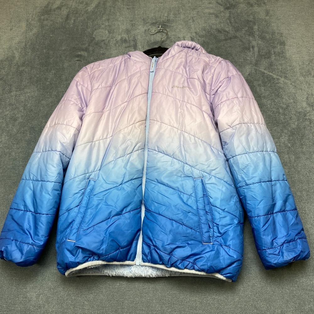 Eddie Bauer Puffer Jacket Girls Large 14/15 Blue Purple Reversible Hooded Winter